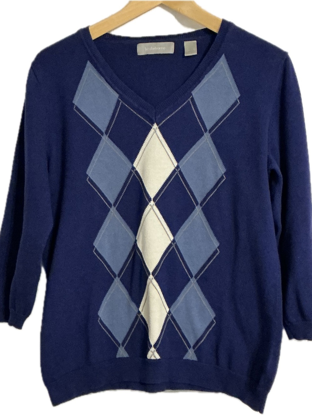 Liz Claiborne 3/4 Sleeve V-Neck Argyle Sweater with in Blue, Grey, and Cream-XL